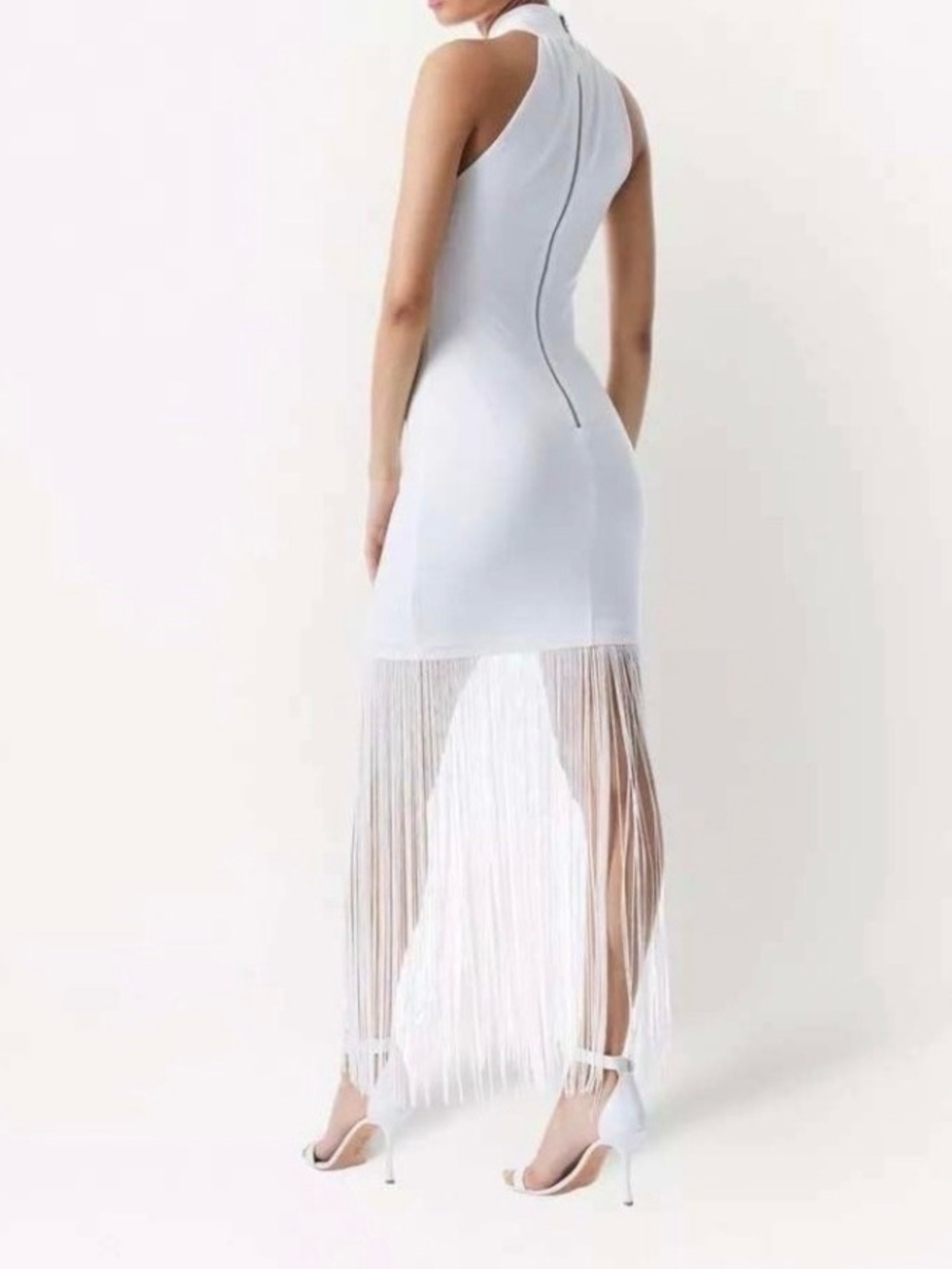 Alice + Olivia White Fringe Halter Midi Dress Size 10 NWT - Picture 3 of 4